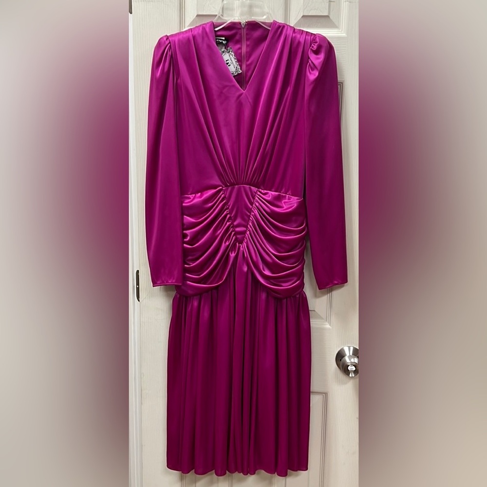 MISTER JAY | VINTAGE fuschia ruched long sleeve v-neck midi dress shoulder pads